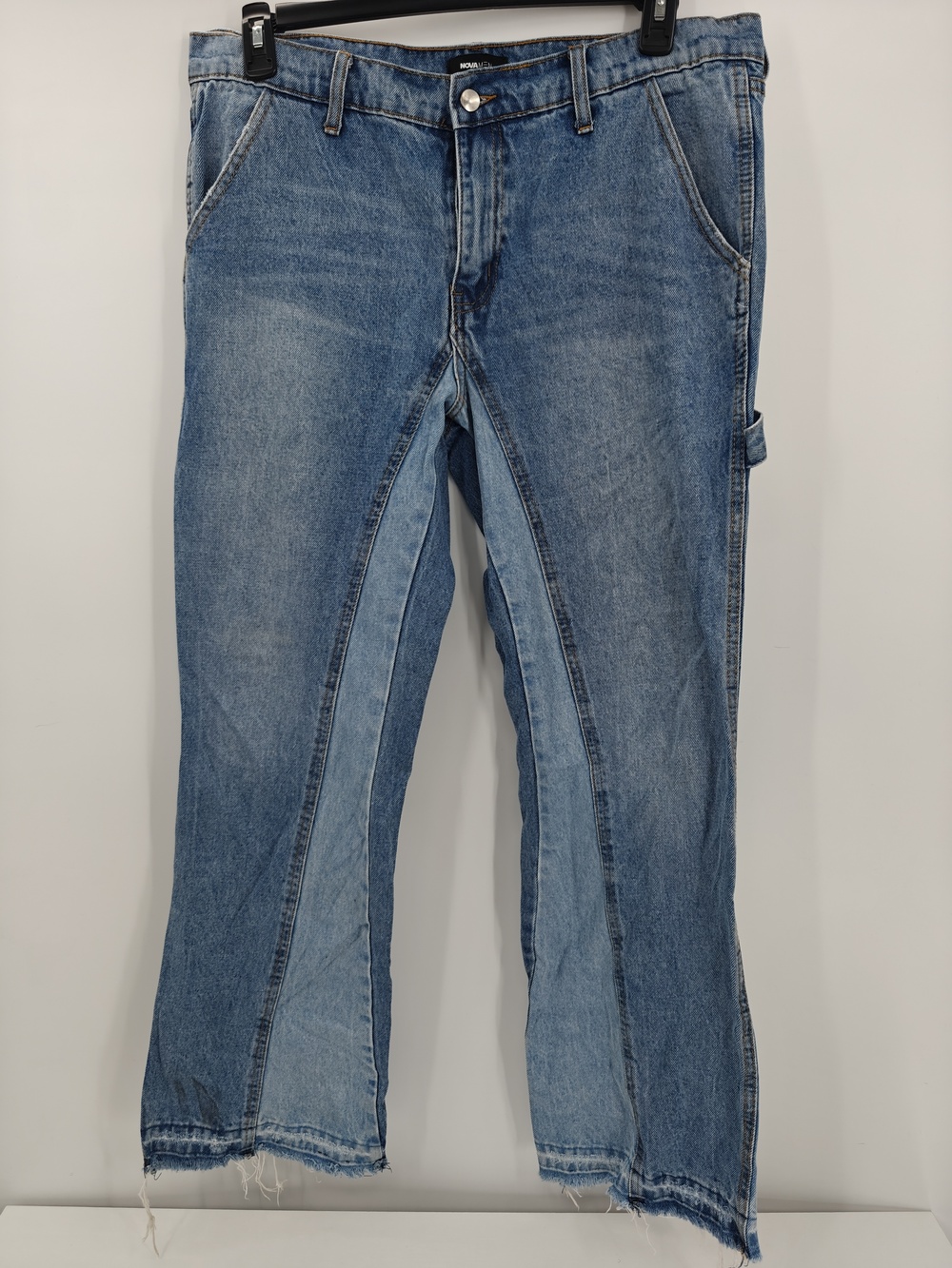 Nova Mens Size 36 Blue Medium Wash Baggy Flared Fringe Hem Jeans